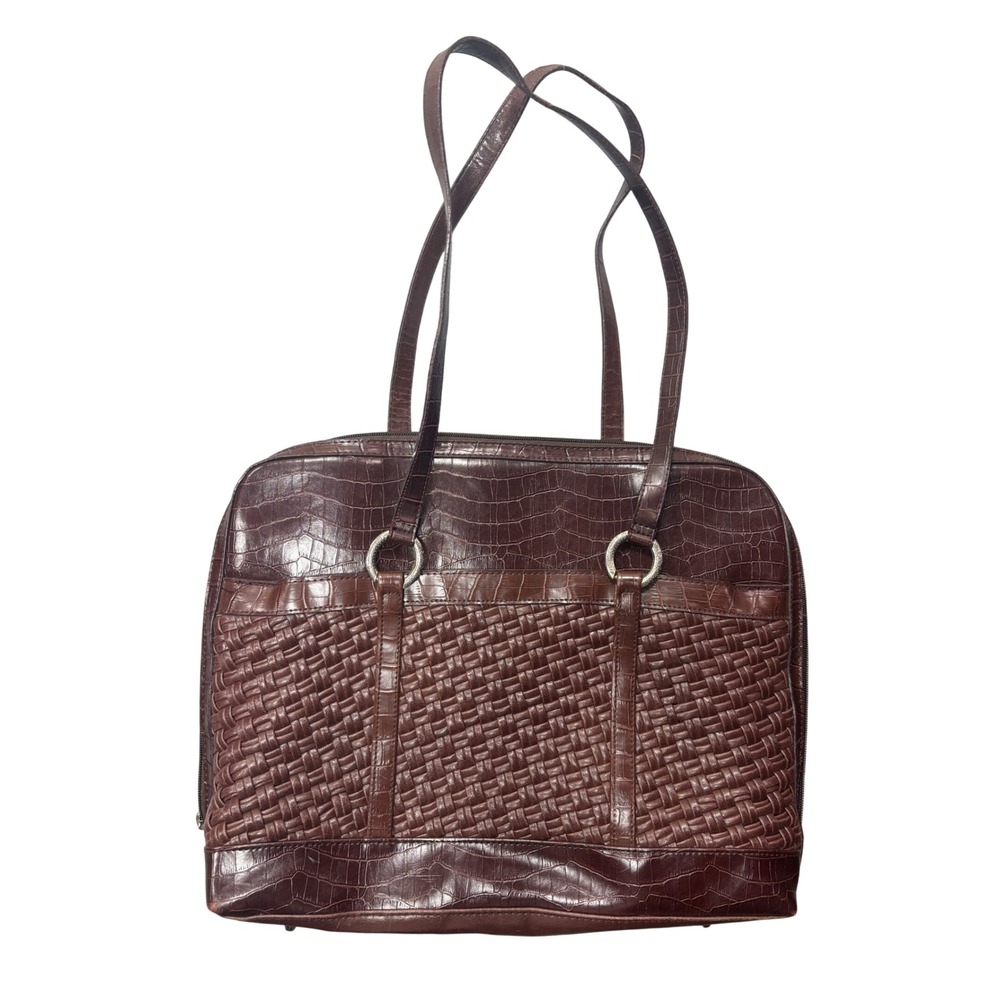 Coldwater Creek Laptop Tote Bag Faux Croc Leather Woven‎ Brown Shoulder Bag Work